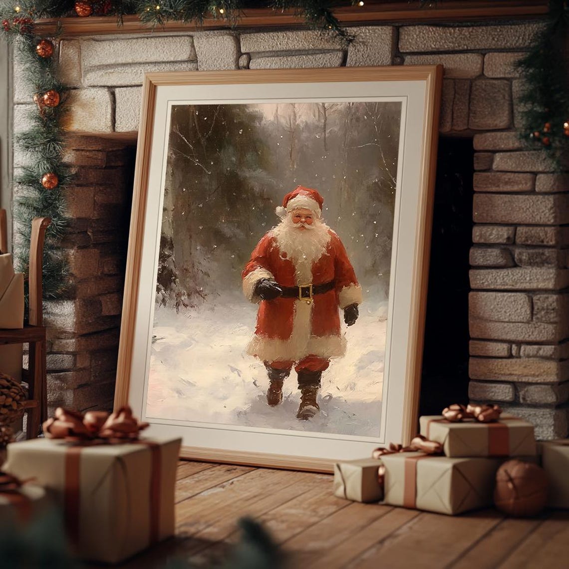 Santa Claus Walking in Winter Snow Traditional Oil Painting Poster - Image 3