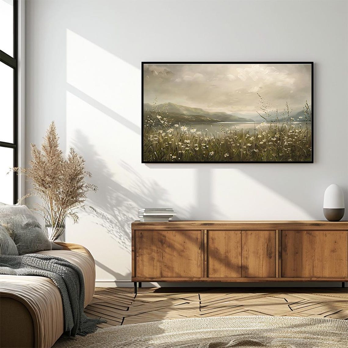 Wild Daisies by Misty Mountain Lake Vintage Landscape Poster - Image 4