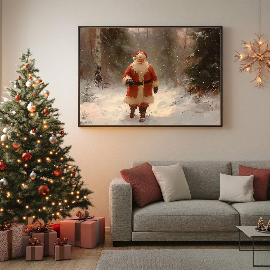 Santa Claus Walking in Snowy Forest Vintage Oil Painting Poster - Image 5