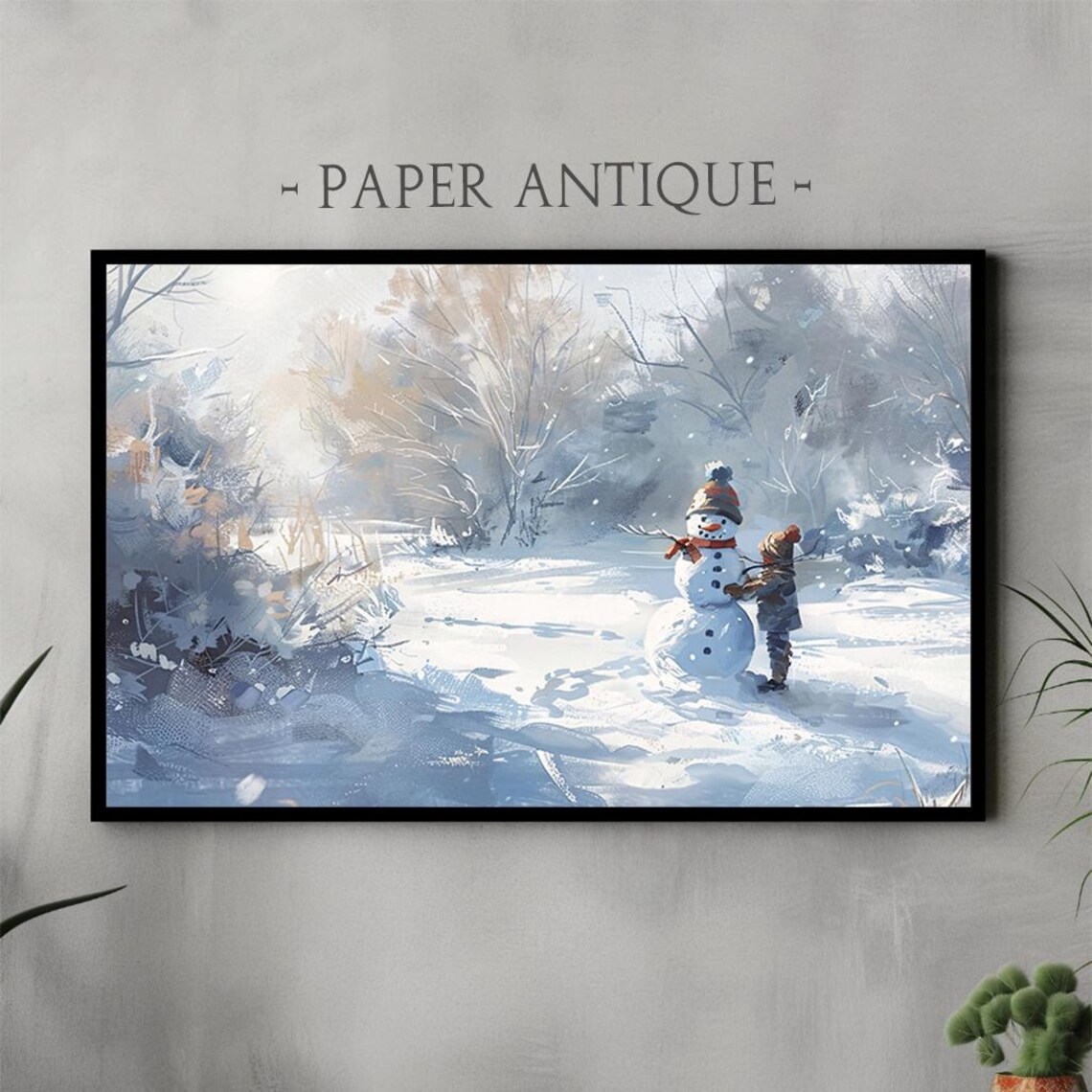 Child Building Snowman in Winter Wonderland Watercolor Poster