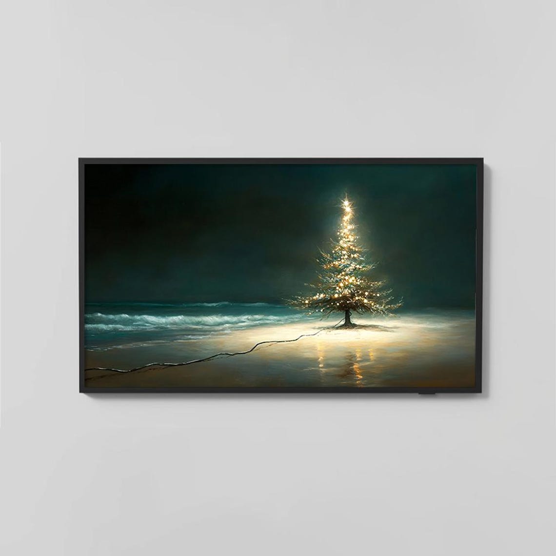Lit Christmas Tree On Night Beach Ocean Waves Magical Holiday Poster - Image 2