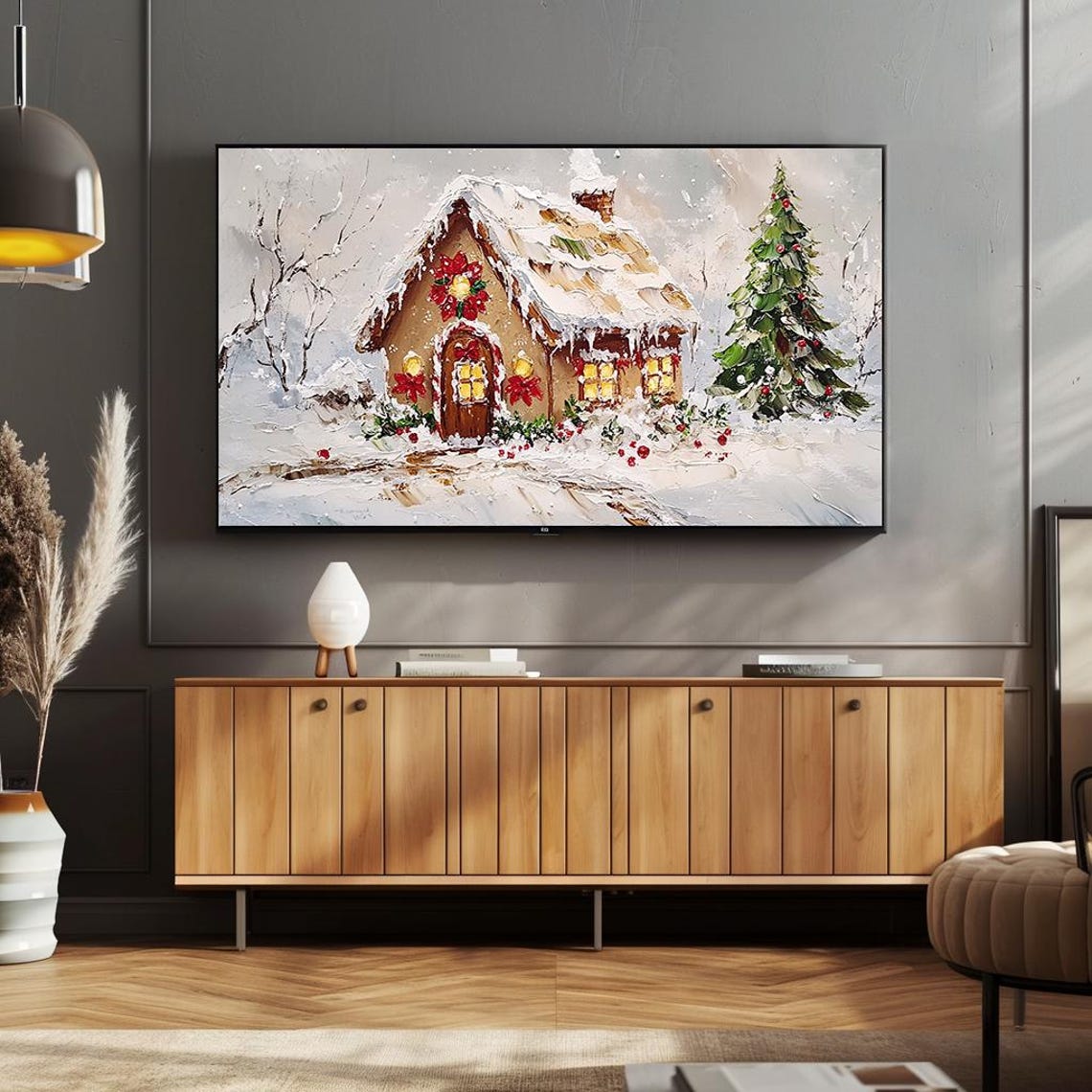 Snowy Cottage With Red Bows Christmas Tree Winter Art Poster - Image 4