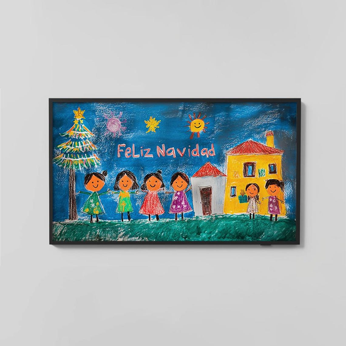 Feliz Navidad Kids Crayon Drawing Colorful Joyful Art Poster - Image 2
