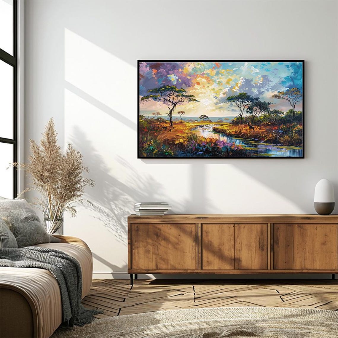 African Savanna Sunset Acacia Trees River Impasto Oil Painting Poster - Image 3