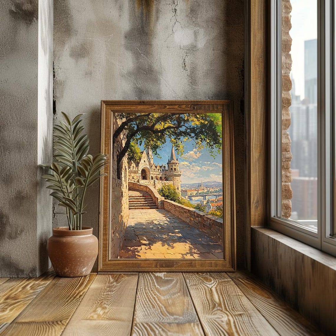 European Castle Stone Tower River Valley Impressionist Poster - Image 3