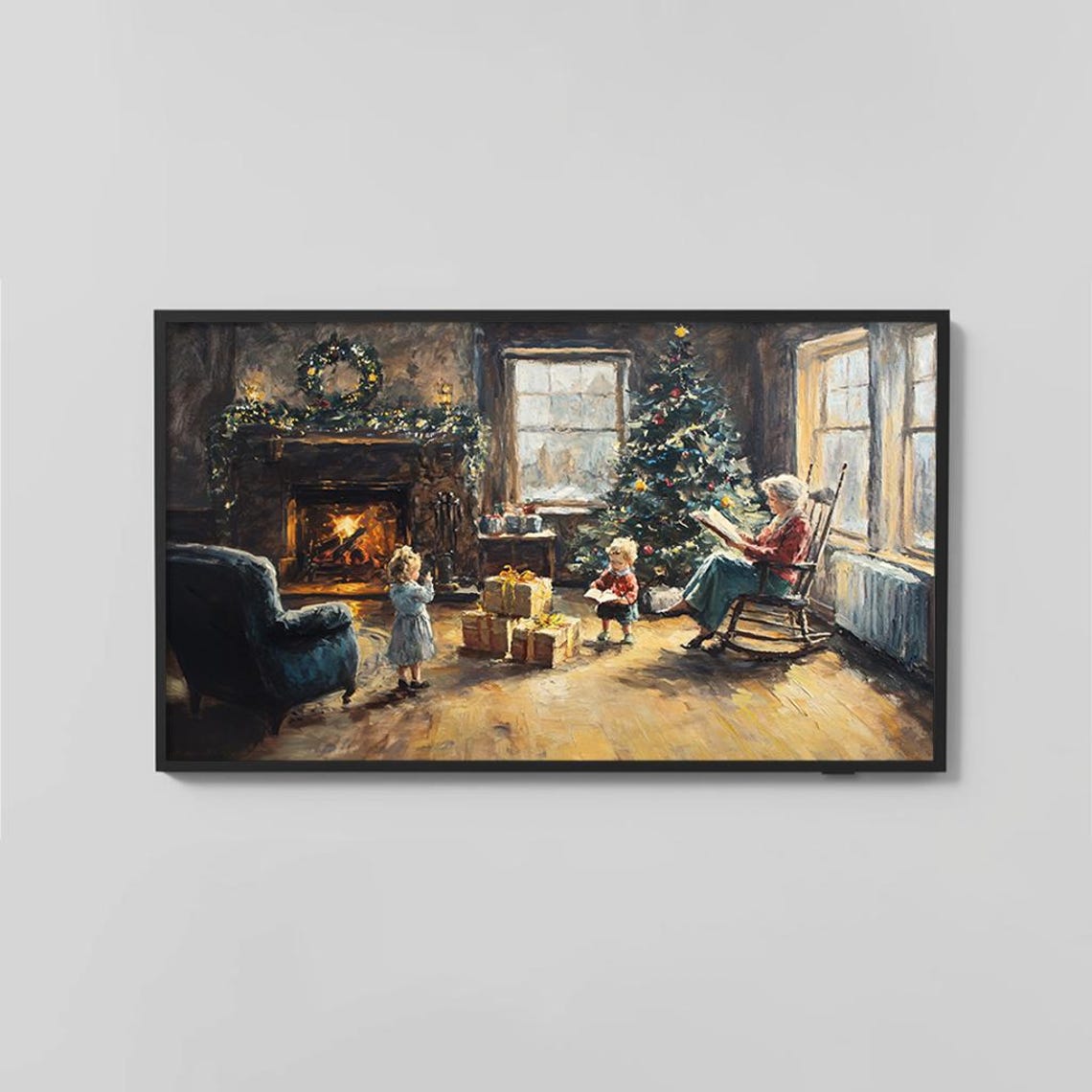 Family Around Fireplace With Christmas Tree Cozy Holiday Scene Poster - Image 2
