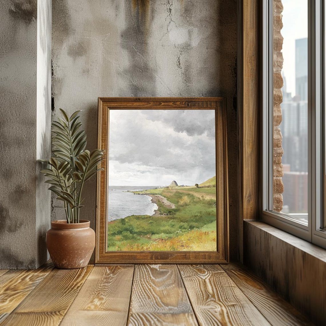 Green Coastal Hills Bay Vintage Seaside Landscape Painting Poster - Image 3
