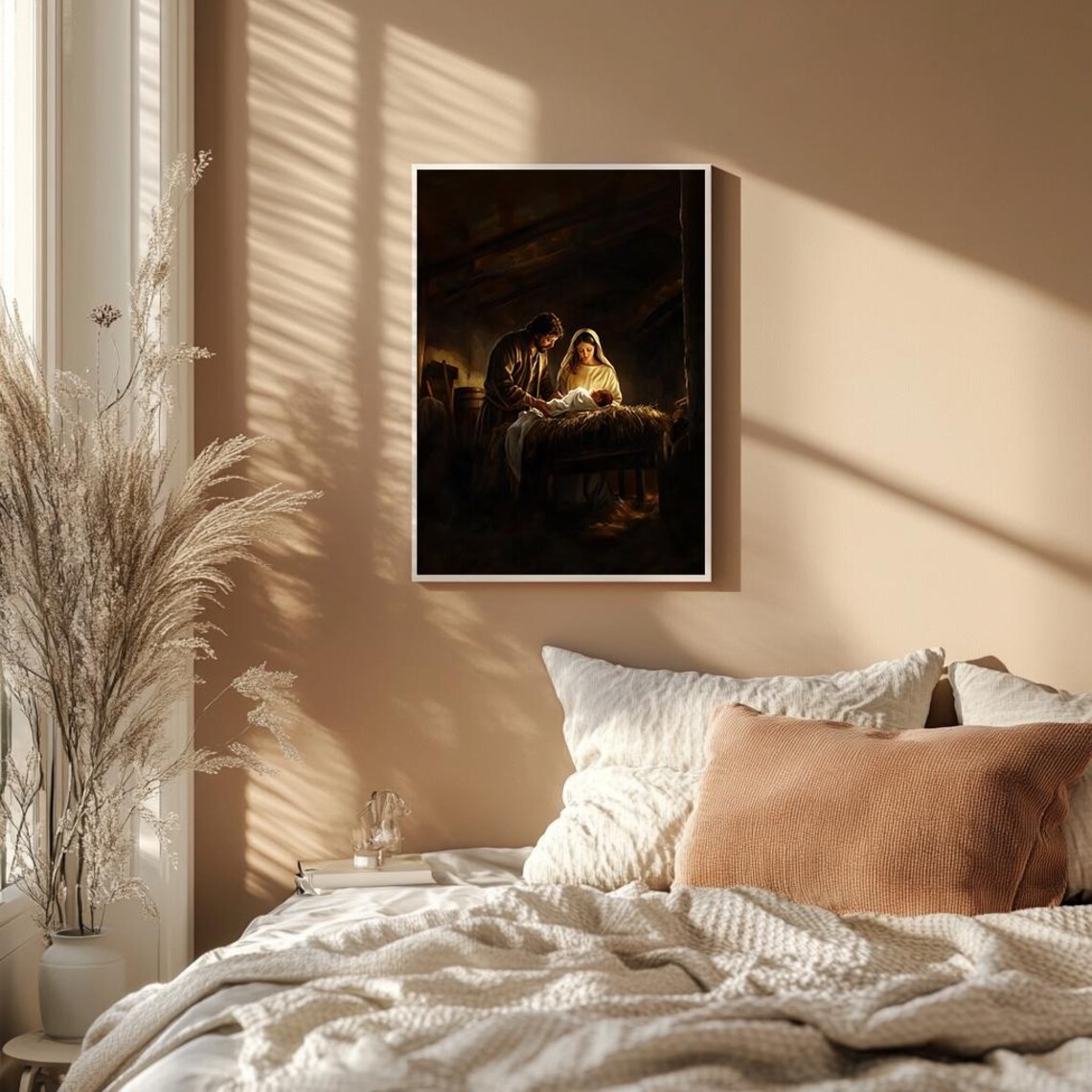 Holy Night Nativity Mary Joseph Baby Jesus Dark Stable Painting Poster - Image 2