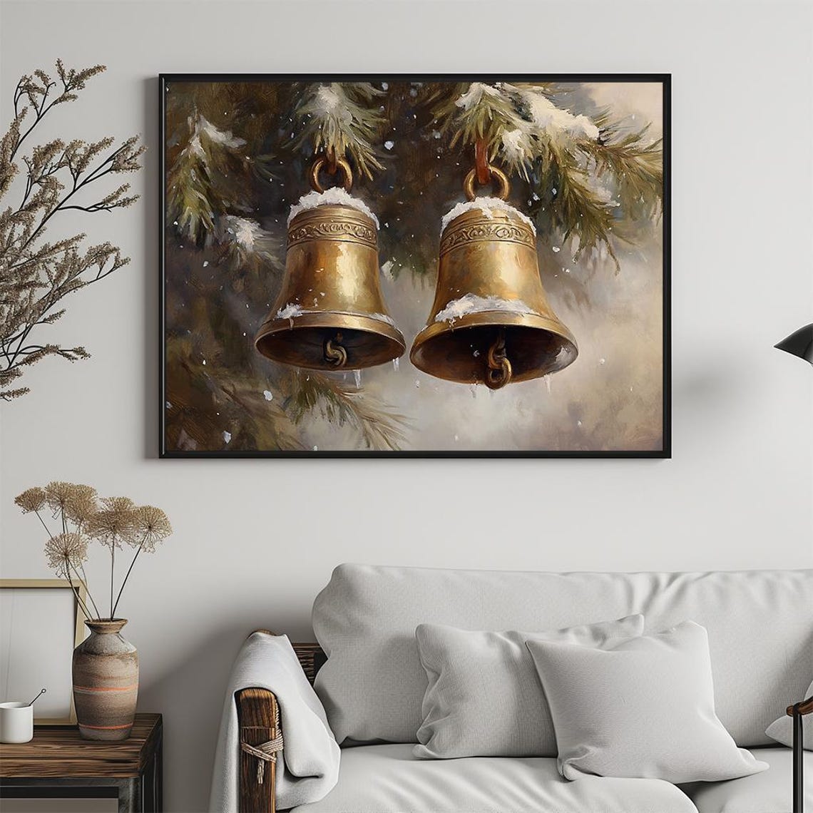 Two Snowy Brass Bells Hanging Pine Branches Winter Art Poster - Image 5