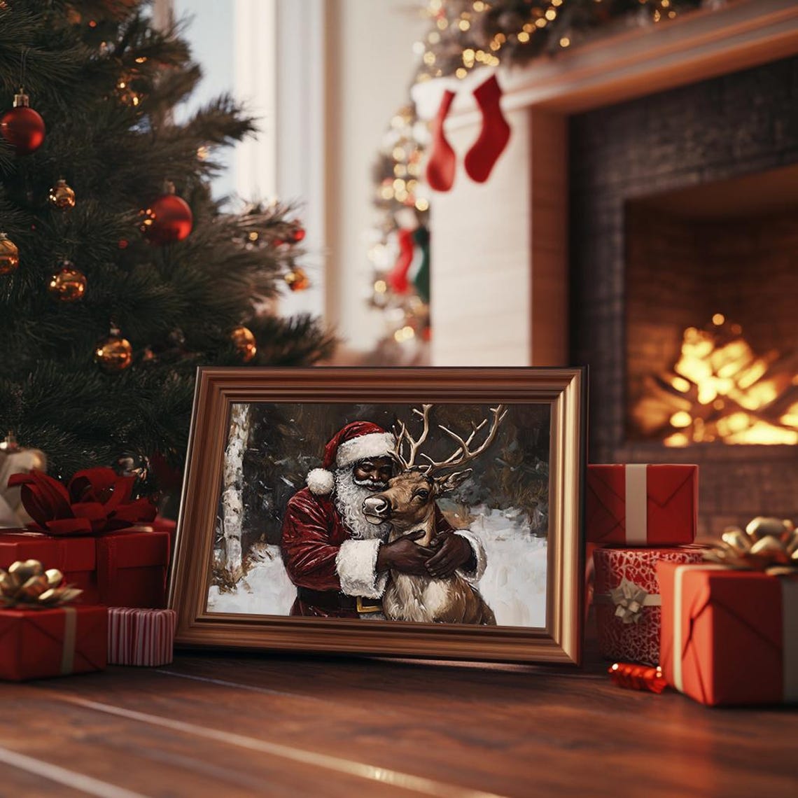 Santa Hugging Reindeer Snowy Woods Tender Oil Painting Poster - Image 3