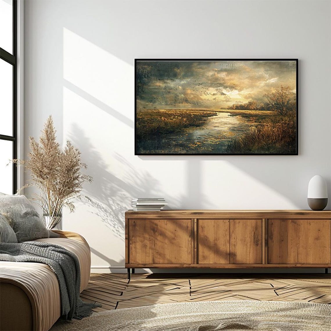 Vast Golden Marsh Sunset River with Birds Moody Landscape Poster - Image 4