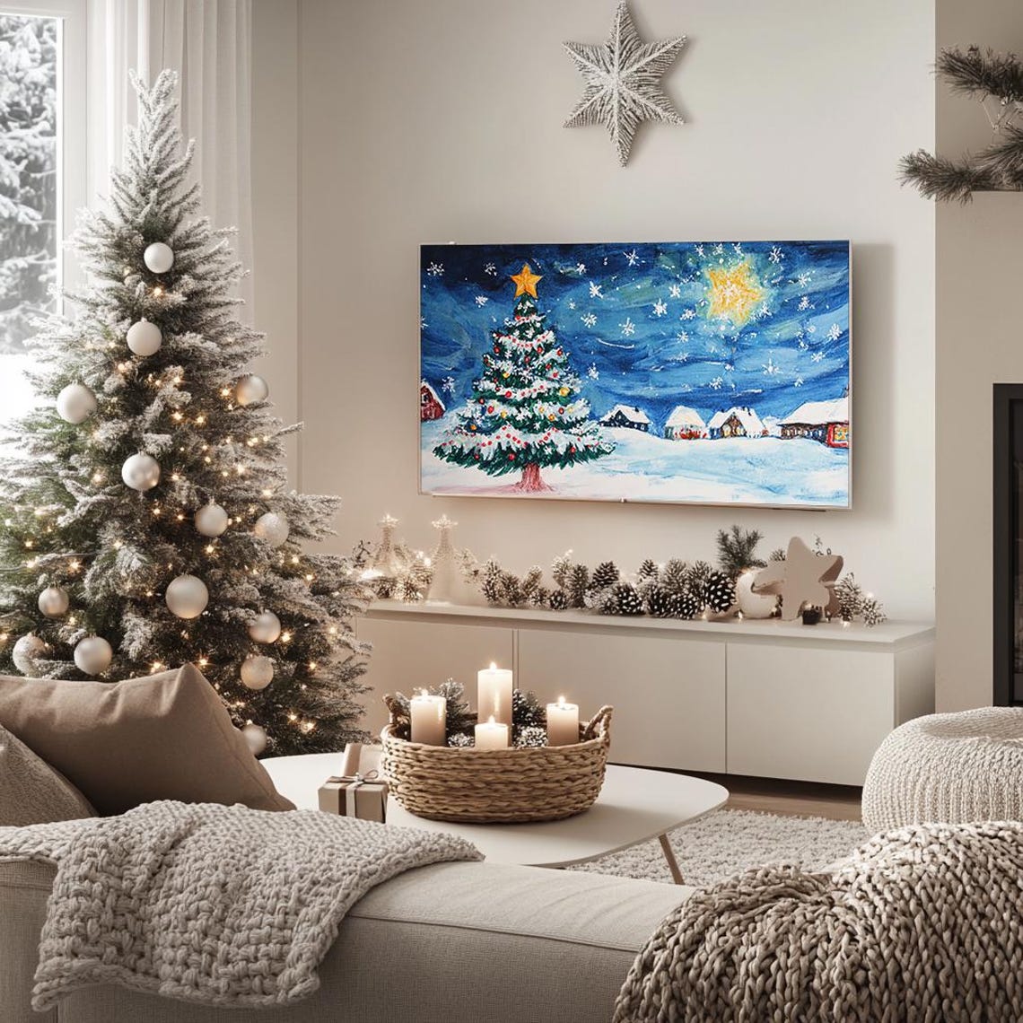 Christmas Tree in Snowy Village Hand Painted Starry Night Poster - Image 5