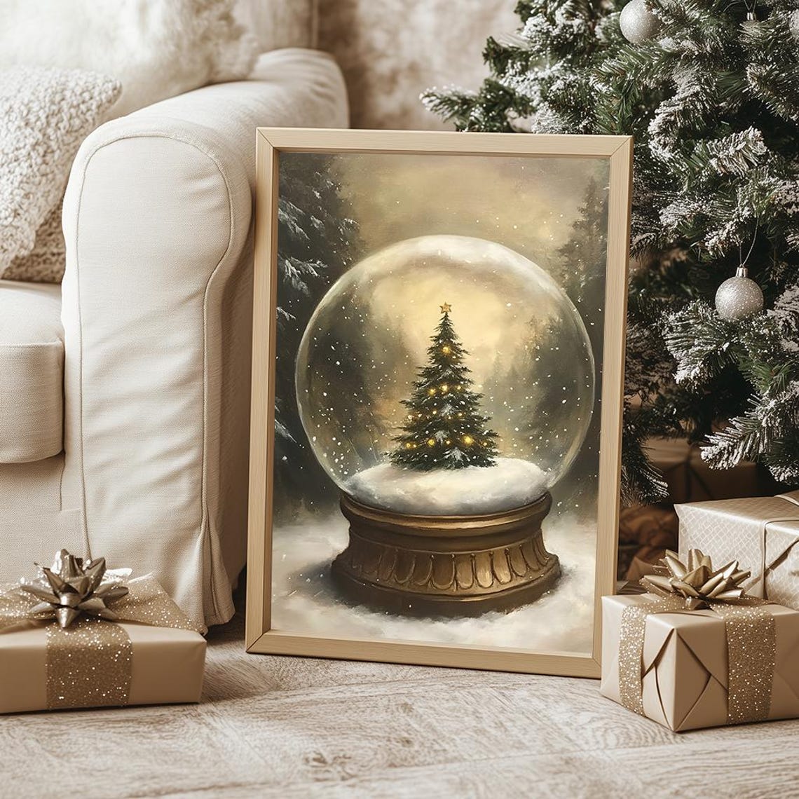 Christmas Tree Snow Globe In Snowy Forest Vintage Painting Poster - Image 3