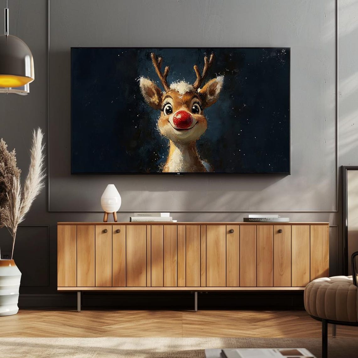 Smiling Red Nosed Reindeer Portrait Starry Christmas Art Poster - Image 4