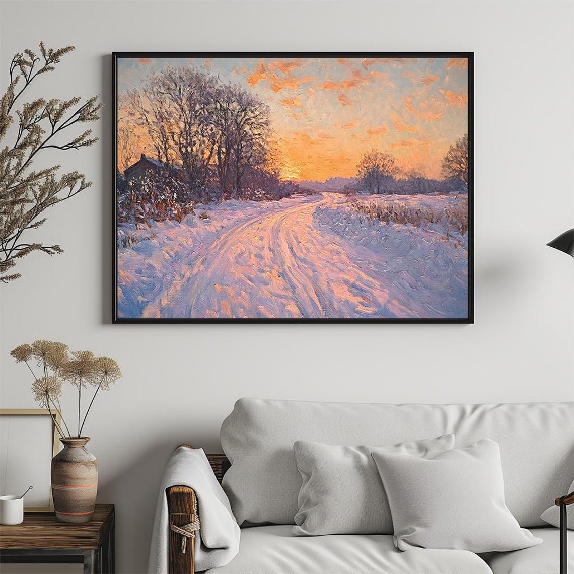 Snowy Winter Sunset Landscape Impressionist Oil Painting Poster - Image 5