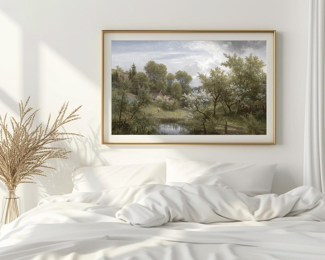 Cottage by Pond Blooming Trees Romanticism Vintage Painting Poster - Image 2