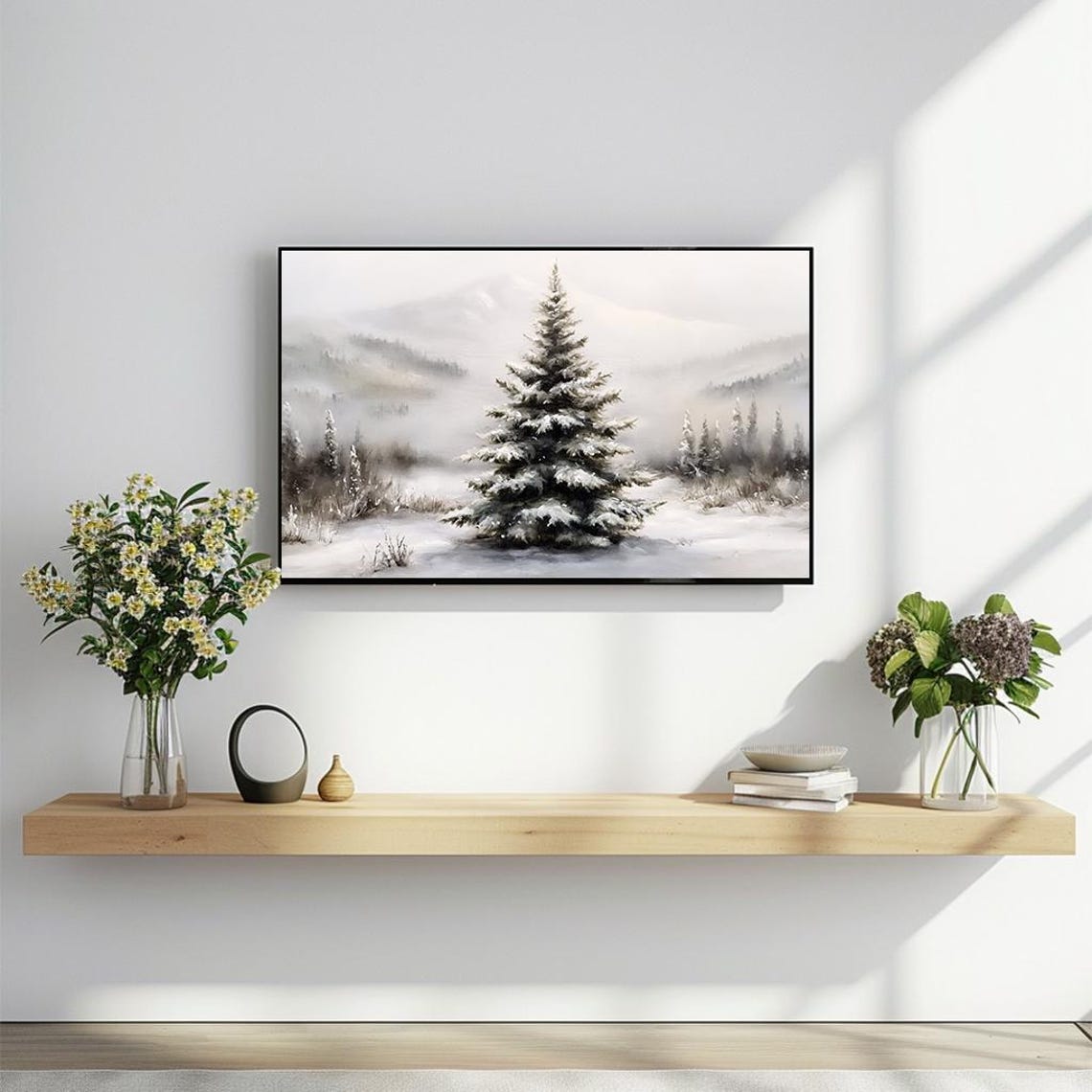 Tranquil Snowy Pine Tree in Misty Winter Woodland Scene Art Poster - Image 2