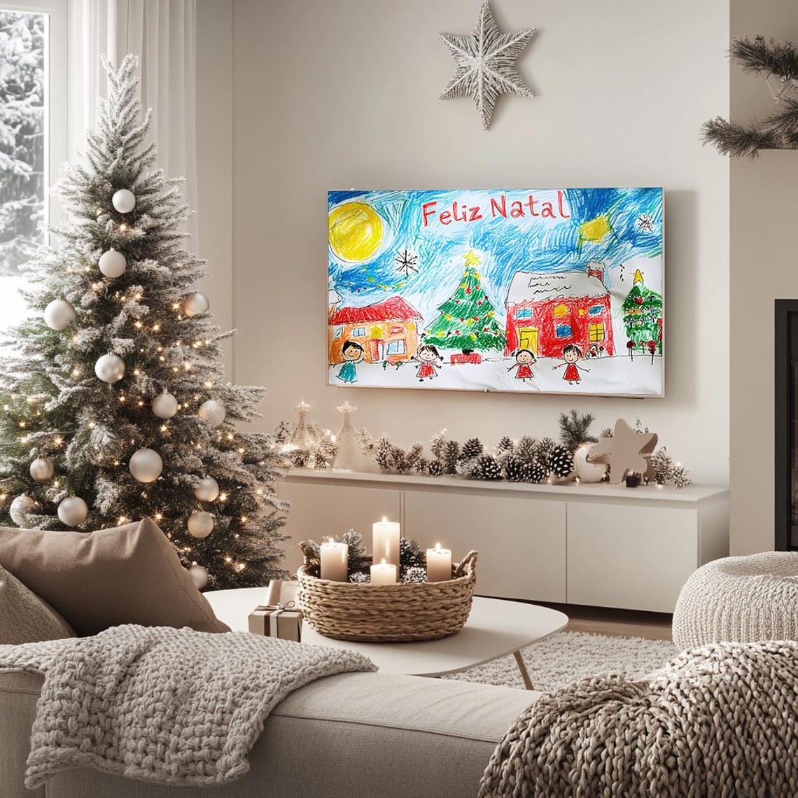 Festive Christmas Drawing Children with Tree Feliz Natal Poster - Image 5