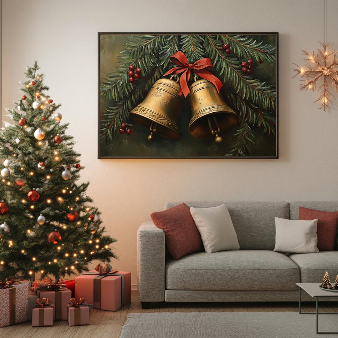 Vintage Christmas Bells Evergreen Berries Red Bow Holiday Poster - Image 5