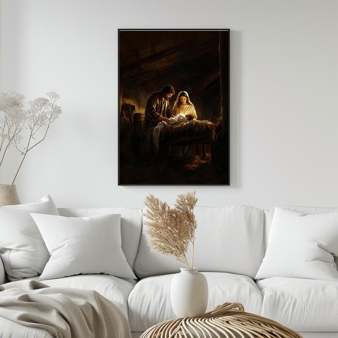 Holy Night Nativity Mary Joseph Baby Jesus Dark Stable Painting Poster - Image 5