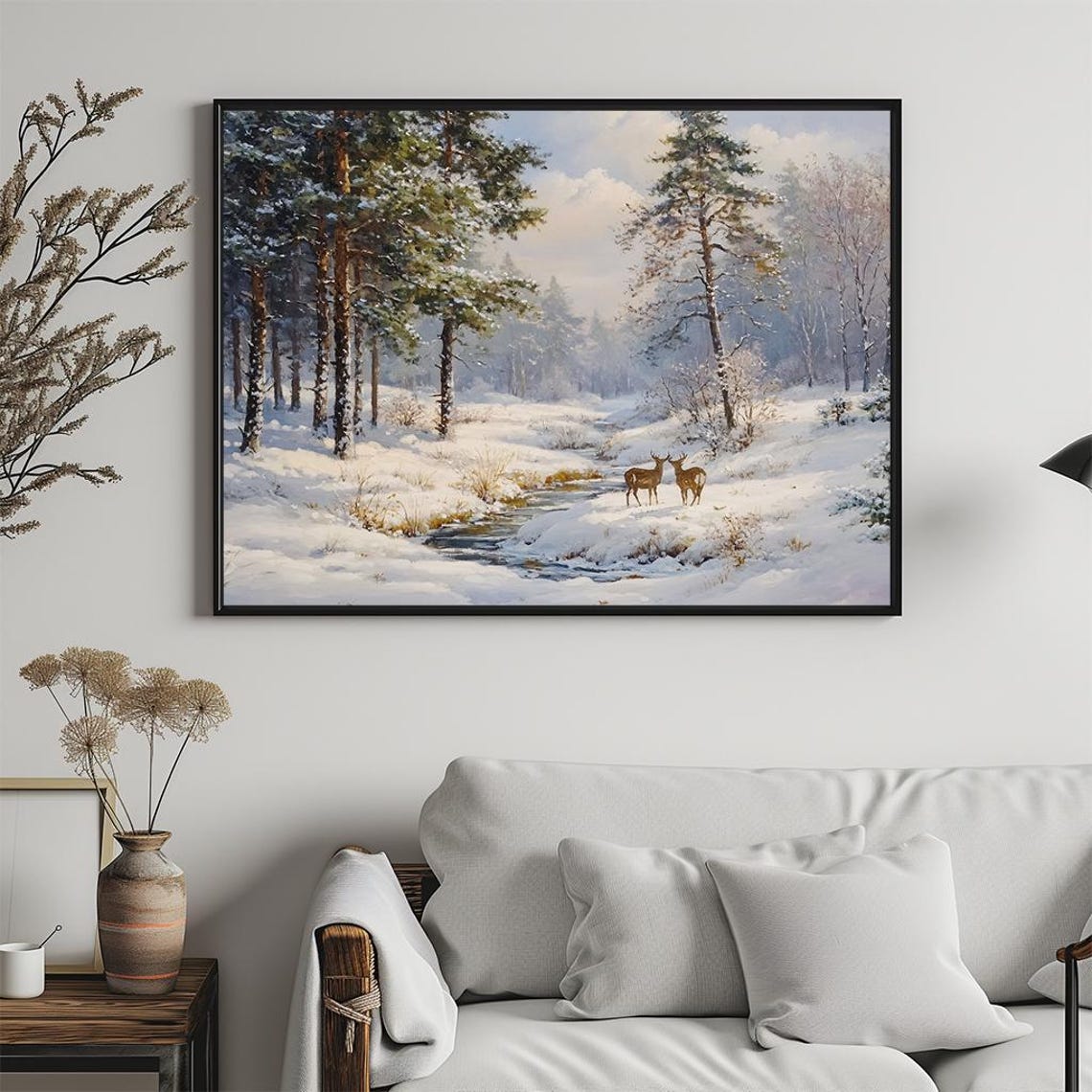 Deer by Stream Snowy Forest Realistic Winter Painting Poster - Image 5
