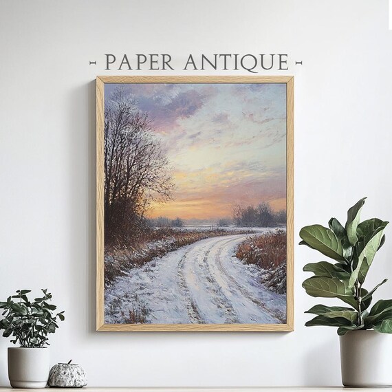 Snowy Country Road Winter Sunset Golden Sky Landscape Poster