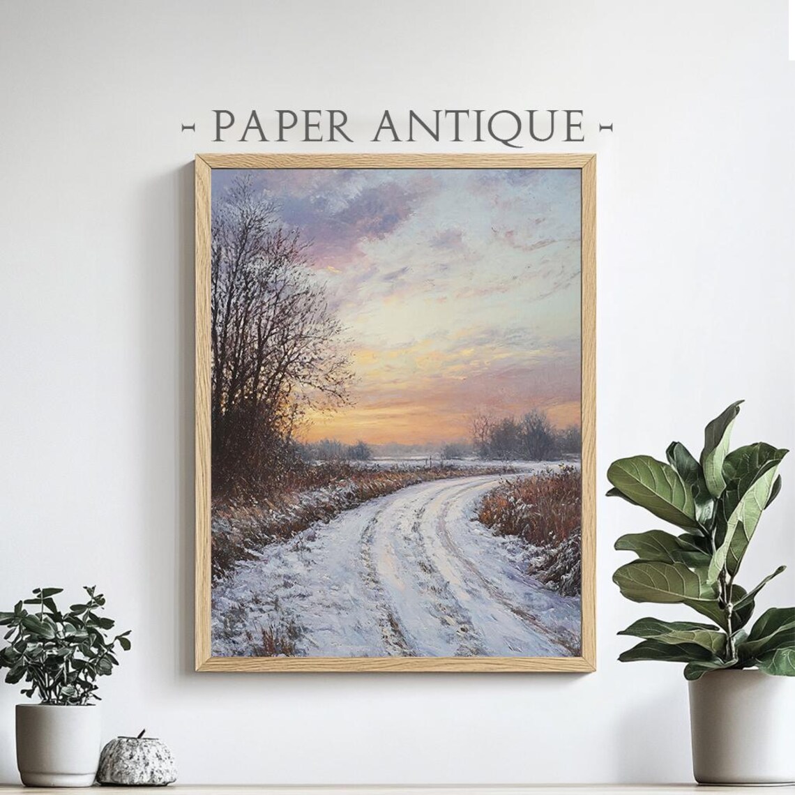Snowy Country Road Winter Sunset Golden Sky Landscape Poster