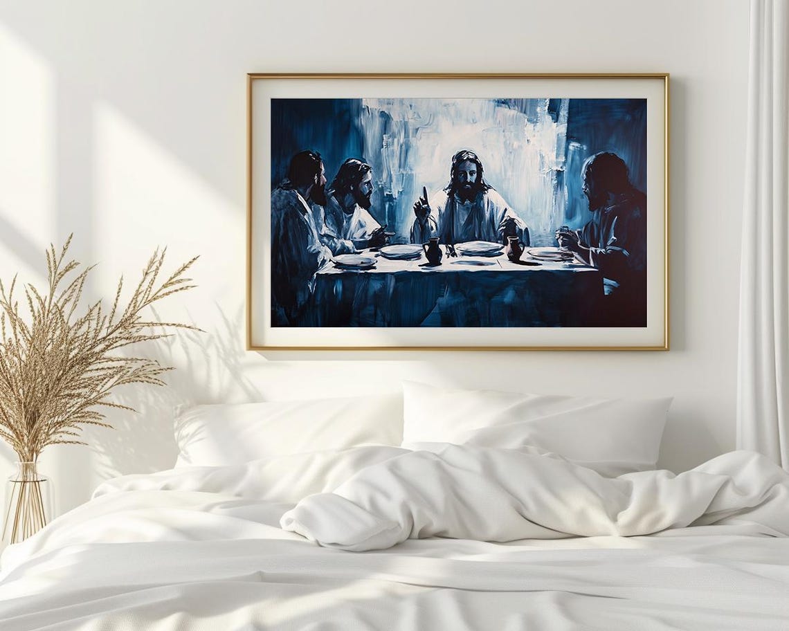 Jesus Christ Last Supper Blue Abstract Painting Christian Art Poster - Image 2