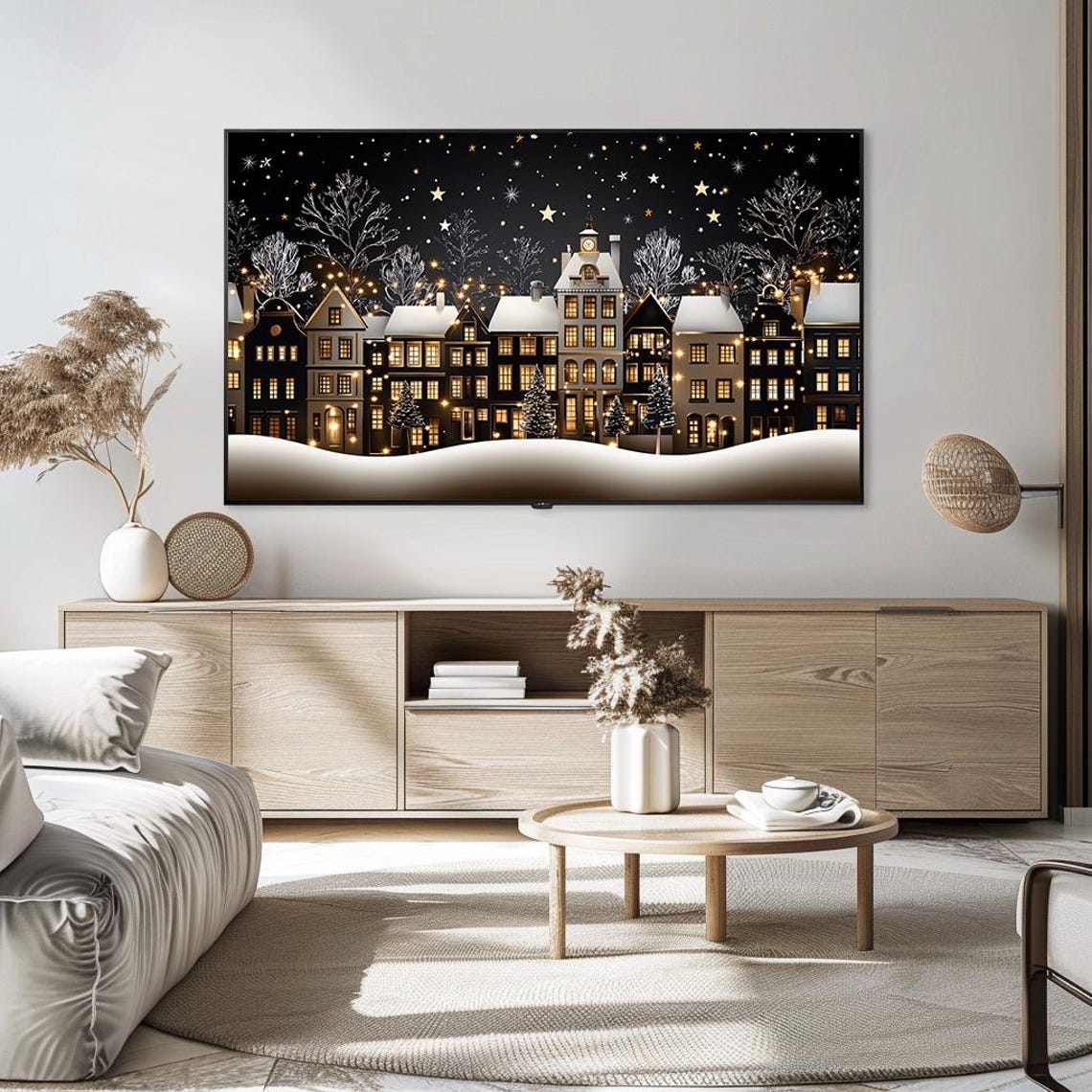 Snowy Christmas Village Night Golden Windows Silhouette Poster - Image 5