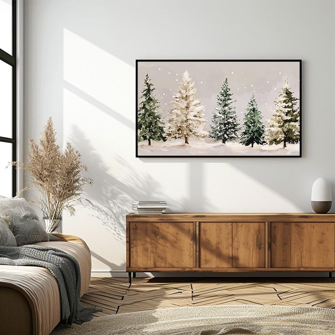 Snow Covered Evergreen Trees Falling Snow Watercolor Winter Poster - Image 4
