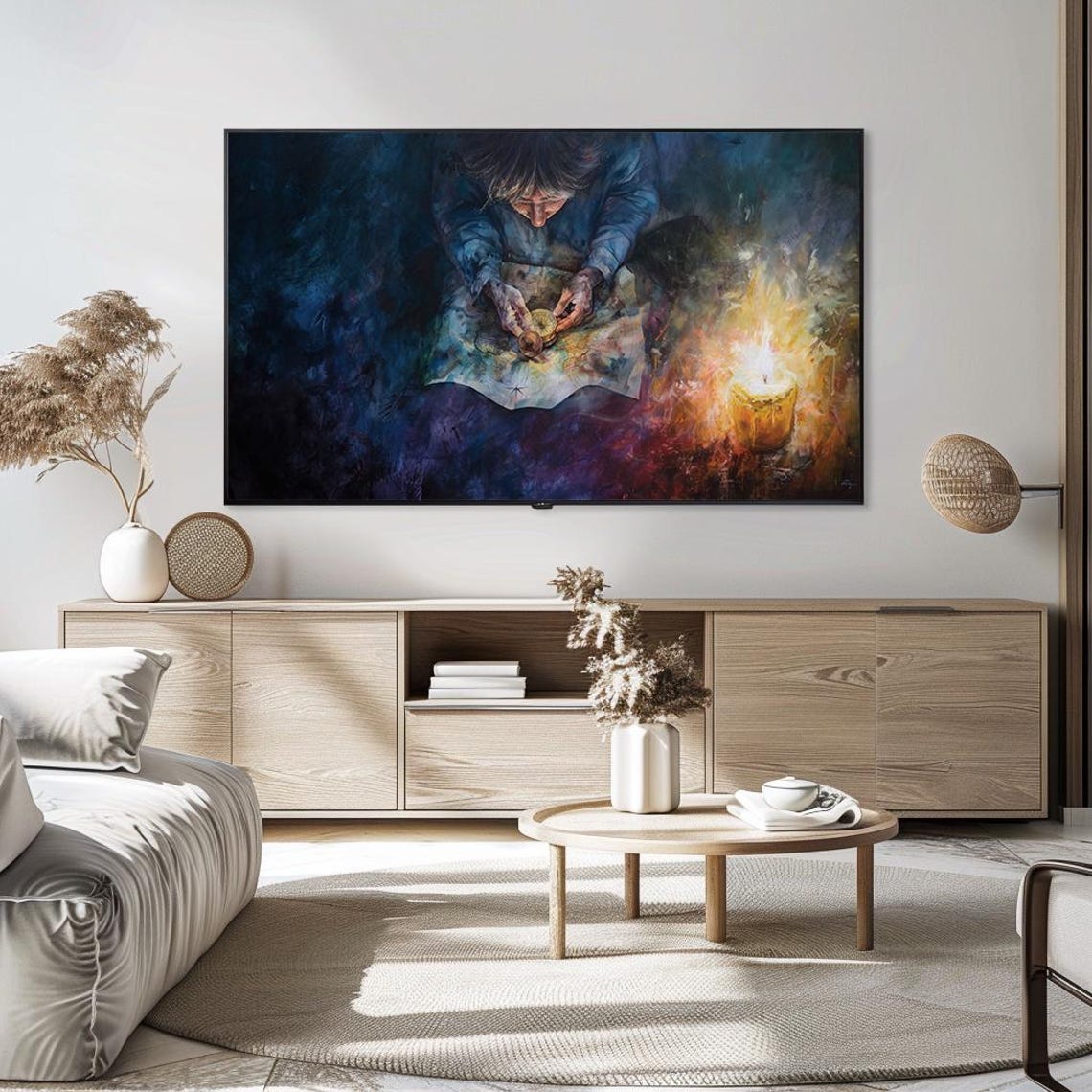 Explorer Reading Map by Candlelight Dark Moody Painting Poster - Image 5