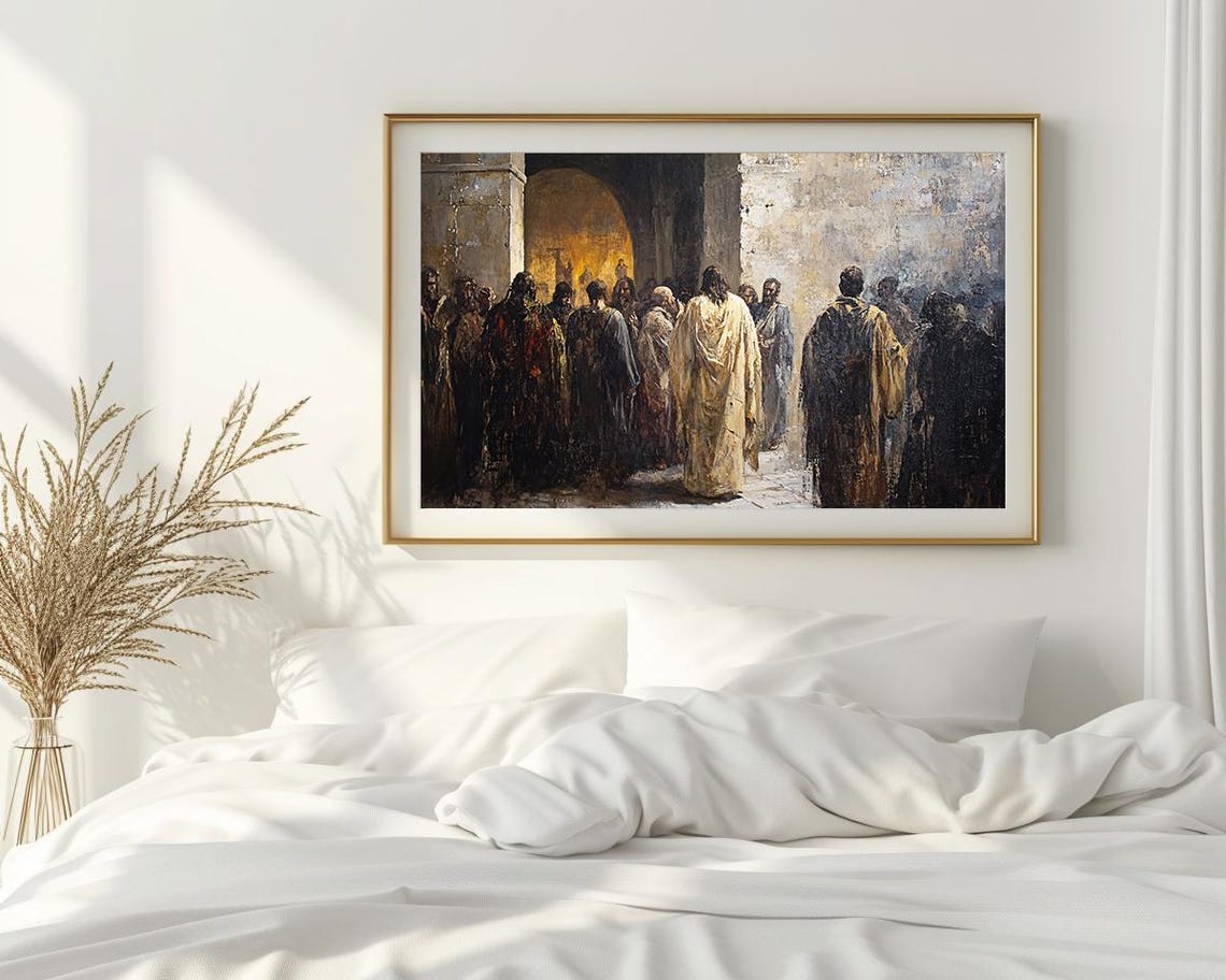 Jesus Walking Crowd Ancient Courtyard Biblical Painting Poster - Image 2
