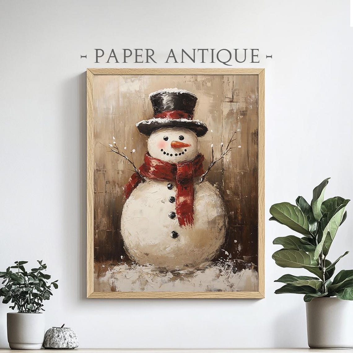 Rustic Snowman With Top Hat And Red Scarf Winter Scene Poster