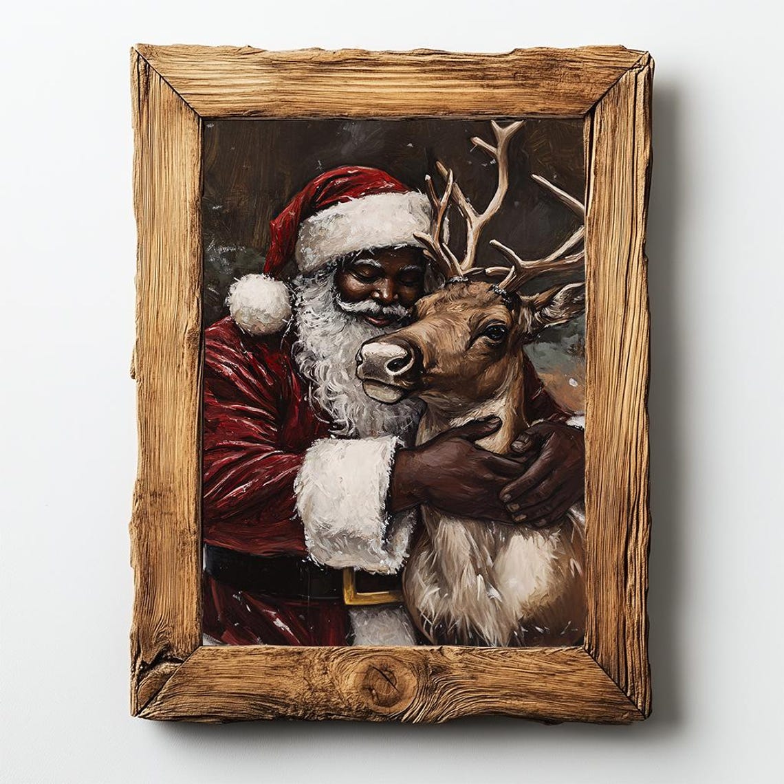 Black Santa Claus Hugging Reindeer Warm Painterly Christmas Poster - Image 2