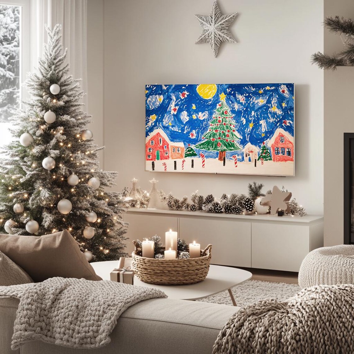 Colorful Christmas Village Drawing Kids Art Winter Scene Poster - Image 5