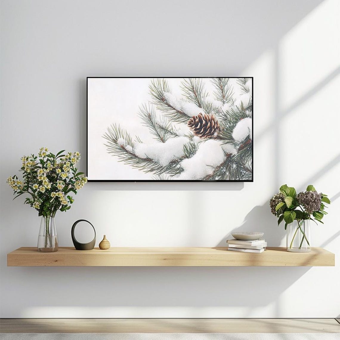 Snow Covered Pine Branch With Pinecone Rustic Winter Art Poster - Image 2