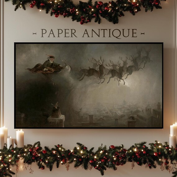 Frame Tv Art Santa With Sleigh And Reindeer Soaring Over Rooftops Moody Vintage Oil Painting Classic Christmas Theme Frame Tv Art