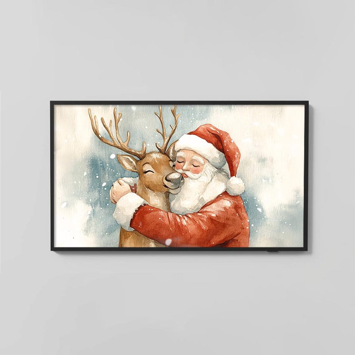 Santa Hugging Reindeer Watercolor Painting Whimsical Christmas Poster - Image 2