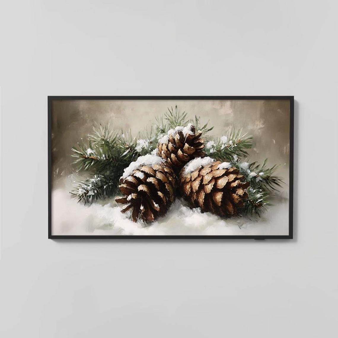 Snow Dusted Pine Cones With Evergreen Branches Winter Painting Poster - Image 2