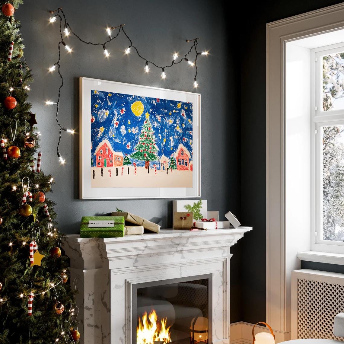 Kids Crayon Drawing Christmas Village Tree Candy Canes Night Poster - Image 2