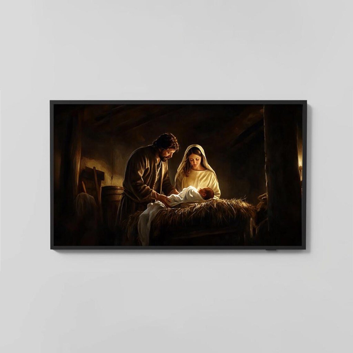 Holy Family Nativity in Rustic Barn Traditional Oil Painting Poster - Image 2