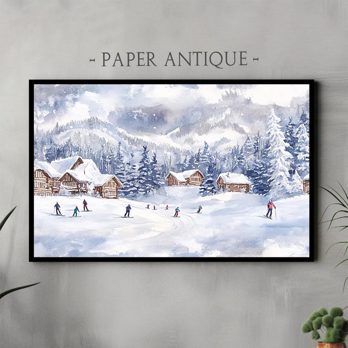 Skiers Mountain Chalets Watercolor Snowy Alpine Winter Scene Poster