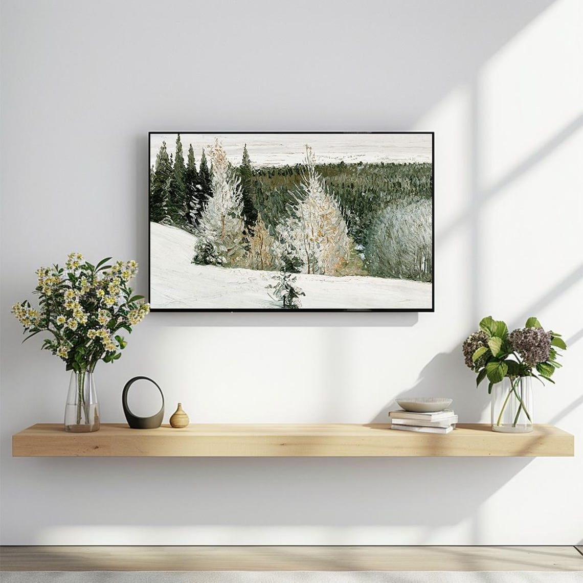 Snowy Winter Pine Forest Vintage Cold Landscape Oil Painting Poster - Image 2