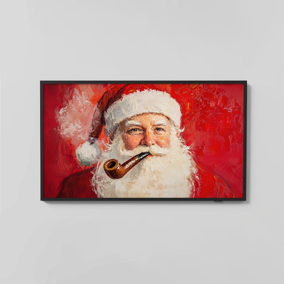 Classic Santa Smoking Pipe Oil Painting Bold Red Vintage Poster - Image 2