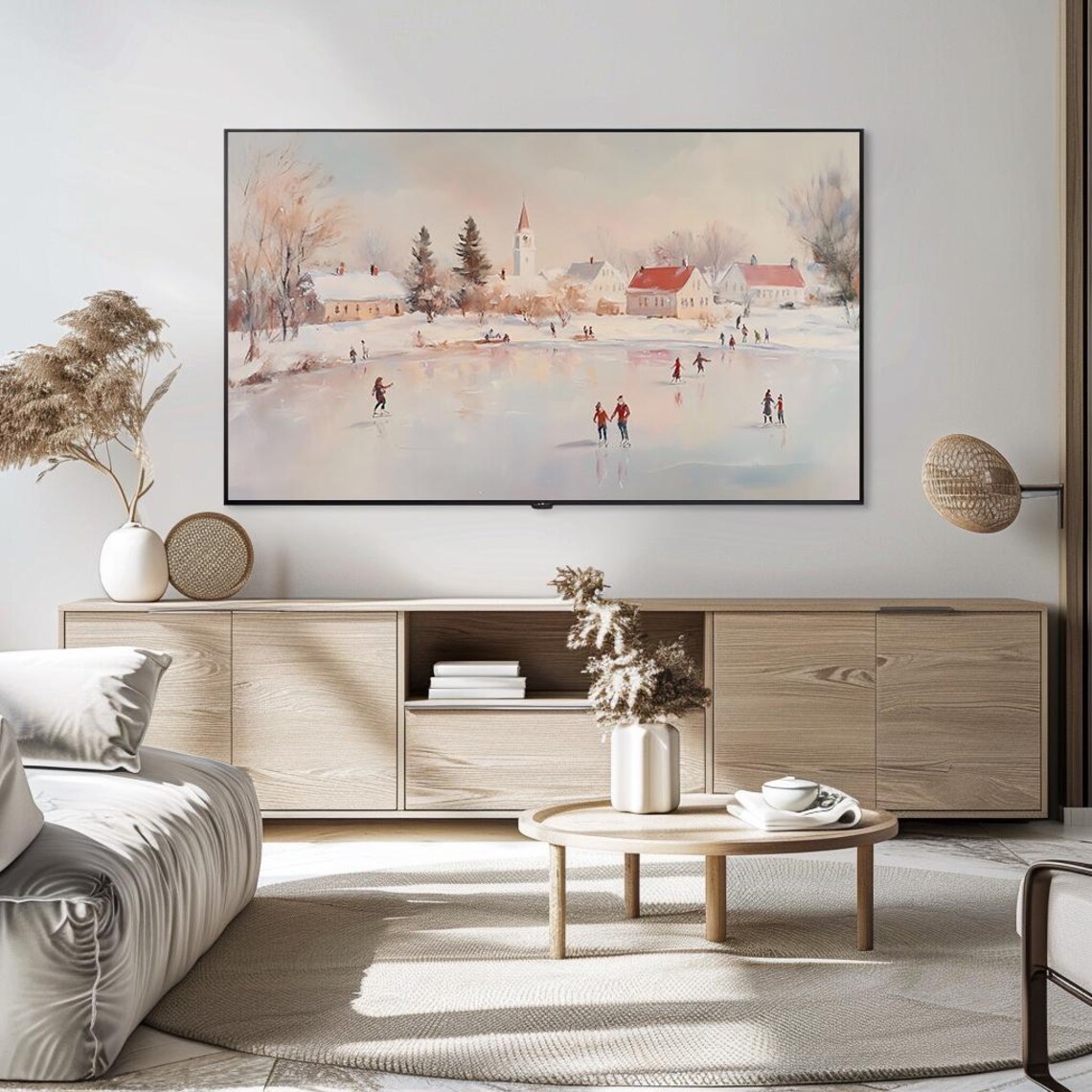 Ice Skating Winter Village Scene Nostalgic Oil Painting Snowy Poster - Image 5