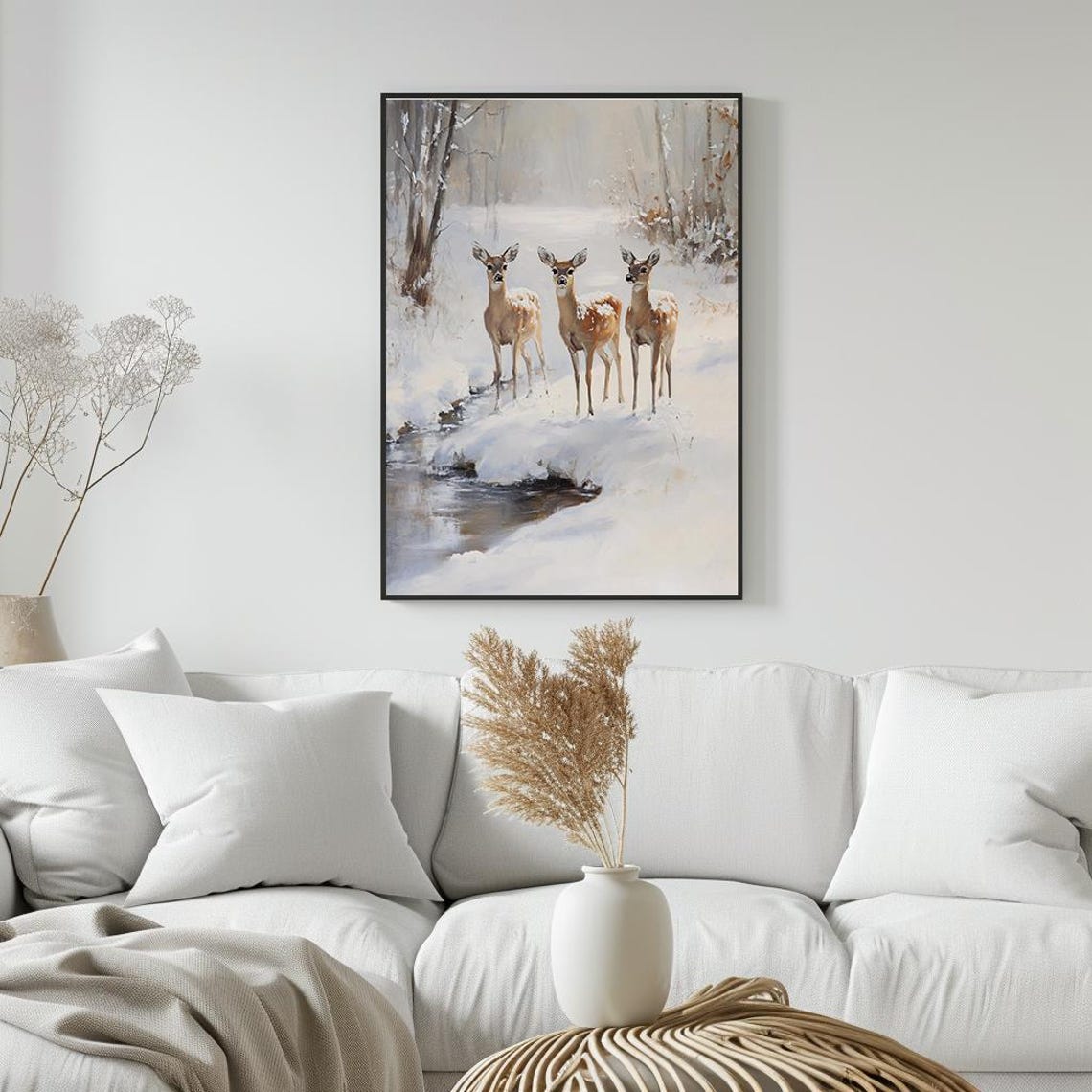 Three Deer By Snowy Stream Winter Forest Vintage Painting Poster - Image 3
