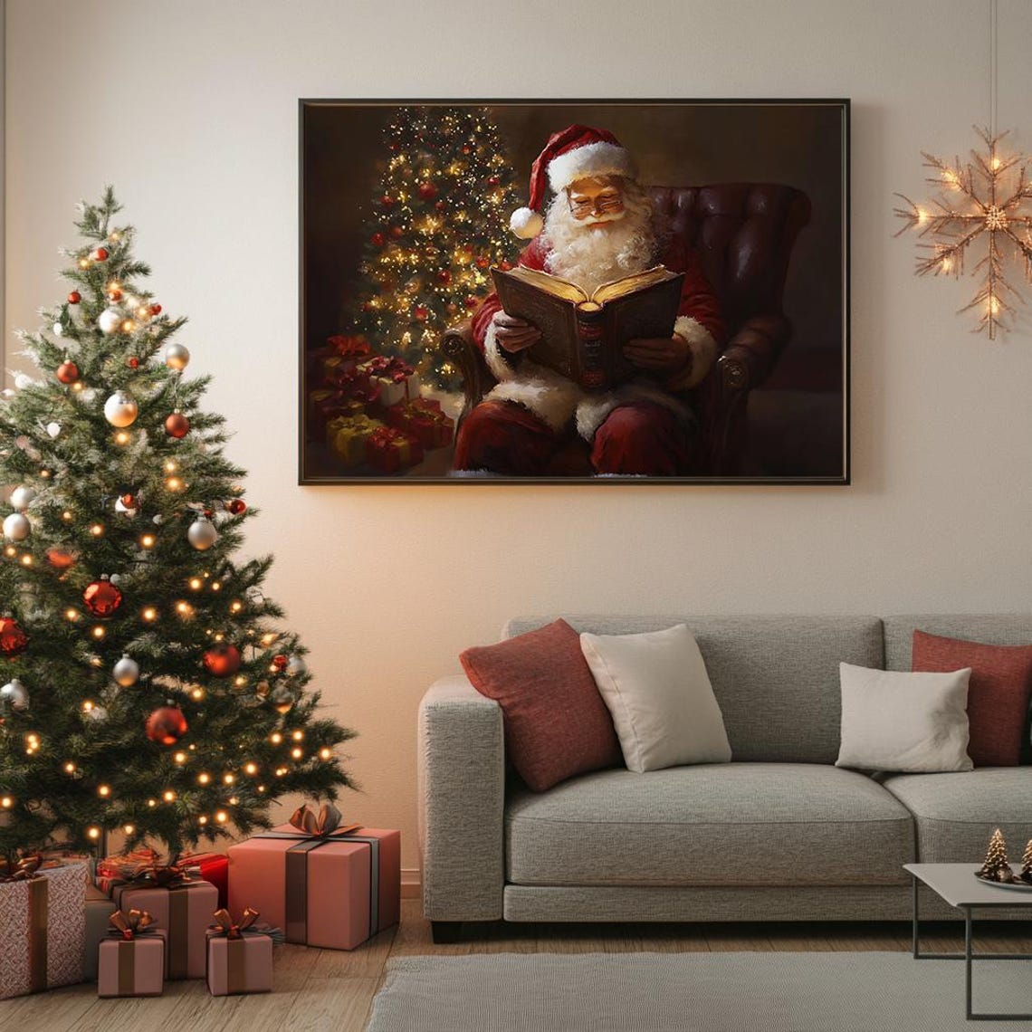 Santa Reading By The Christmas Tree Cozy Vintage Holiday Poster - Image 5