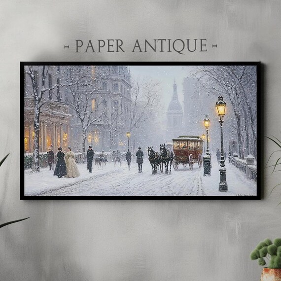 Victorian Winter Street Horse Carriage Snowy Evening Panorama Poster