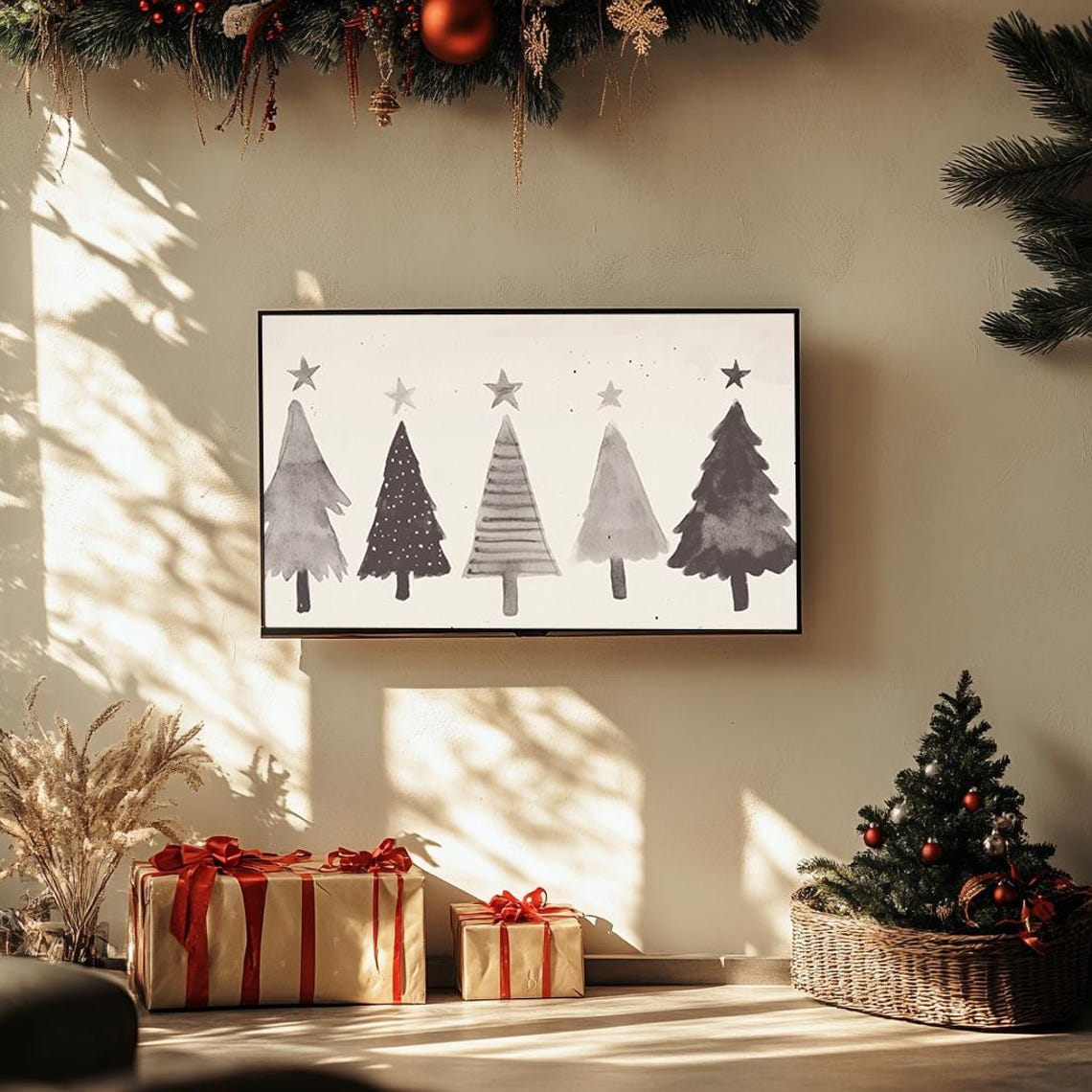Minimalist Gray Christmas Trees With Stars Simple Holiday Poster - Image 3