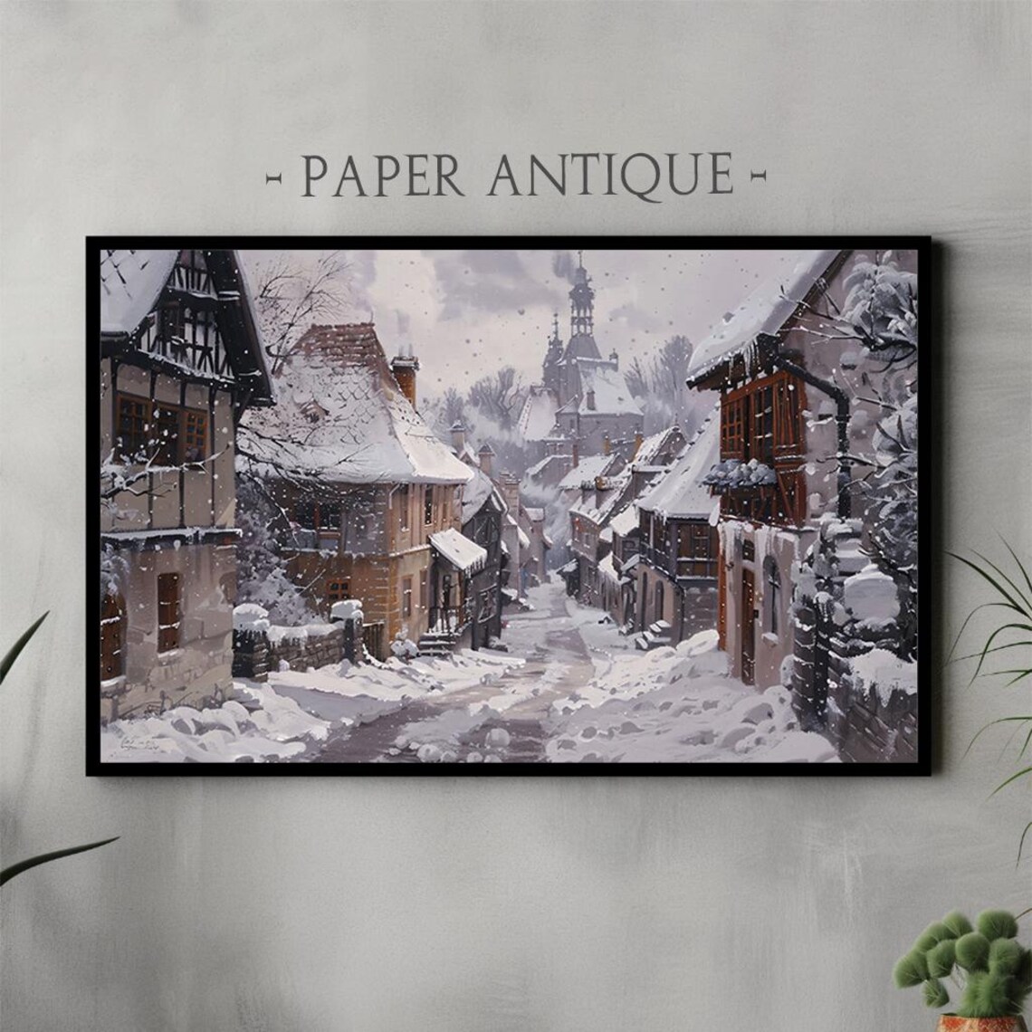 Snowy European Old Town Street Half Timbered Winter Painting Poster